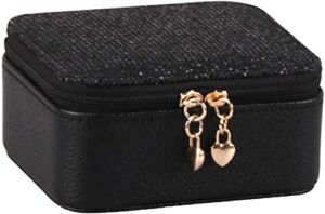 an207 zipper closure ring storage jewelry box earrings organizers display home gift pu leather portable travel multi jewelry box small jewelry (color : black)
