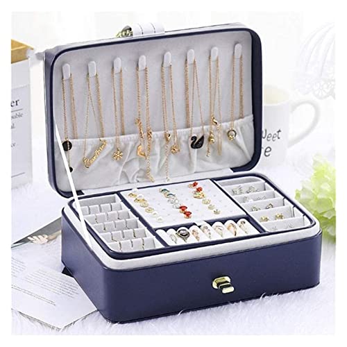 ZZYINH AN207 with Lock Two Layer Jewelry Organizer Box with 56 Stud Jacks Smooth Leather Jewelry Storage Case Display Holder Small Jewelry