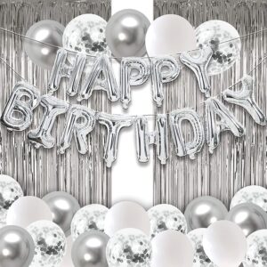 silver birthday party decoration, white silver confetti latex balloons, silver happy birthday balloons banner with 2pcs silver foil fringe curtains, birthday decorations for women girls men