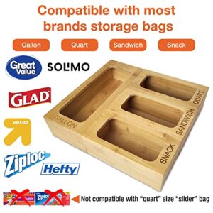 BOLKRO Ziplock Bag Organizer - MOSO Bamboo Plastic Zip Lock Bags Holder for Kitchen Drawer & Storage - For Gallon, Quart, Sandwich and Snack Size Baggie - Compatible with Ziploc, Solimo, Glad, Hefty