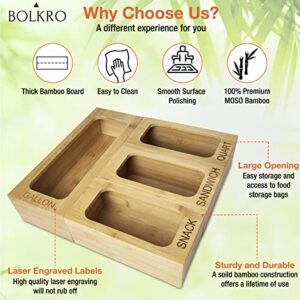 BOLKRO Ziplock Bag Organizer - MOSO Bamboo Plastic Zip Lock Bags Holder for Kitchen Drawer & Storage - For Gallon, Quart, Sandwich and Snack Size Baggie - Compatible with Ziploc, Solimo, Glad, Hefty