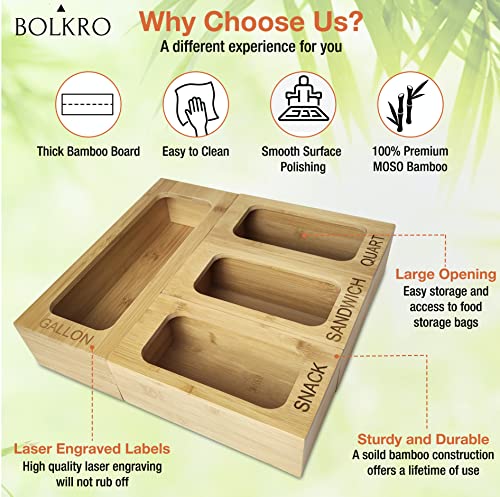 BOLKRO Ziplock Bag Organizer - MOSO Bamboo Plastic Zip Lock Bags Holder for Kitchen Drawer & Storage - For Gallon, Quart, Sandwich and Snack Size Baggie - Compatible with Ziploc, Solimo, Glad, Hefty