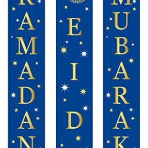 2 in 1 Ramadan Eid Mubarak Door Banner for Home,Mosque,Iftar,Eid Al Adha,Eid Al Fitr, Ramadan and Eid Decoration, Includes 1 Crescent and Star Banner (Blue)