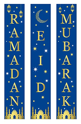 2 in 1 Ramadan Eid Mubarak Door Banner for Home,Mosque,Iftar,Eid Al Adha,Eid Al Fitr, Ramadan and Eid Decoration, Includes 1 Crescent and Star Banner (Blue)