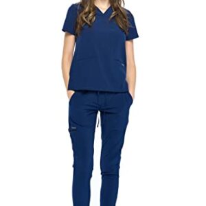 Dagacci Medical Uniform Women and Men Unisex 4-Way Stretch Jogger Scrub Set, Navy, M