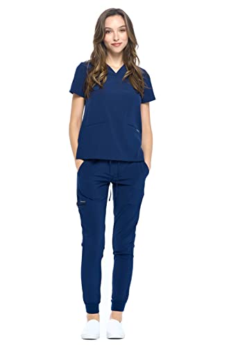 Dagacci Medical Uniform Women and Men Unisex 4-Way Stretch Jogger Scrub Set, Navy, M