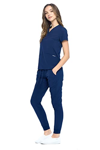 Dagacci Medical Uniform Women and Men Unisex 4-Way Stretch Jogger Scrub Set, Navy, M