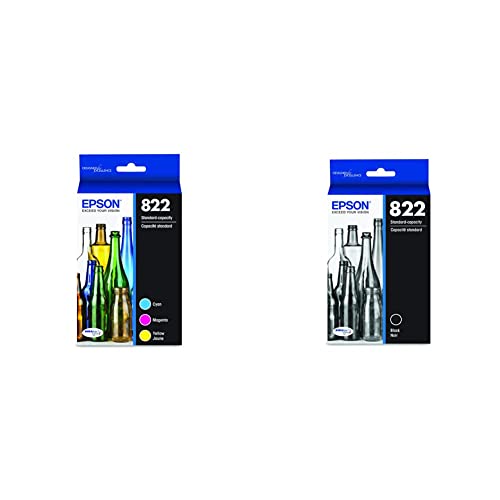 Epson 822 Standard Capacity, Cyan, Magenta, Yellow Jaune & T822 DURABrite Ultra Ink Standard Capacity Black Cartridge (T822120-S) for Select Workforce Pro Printers