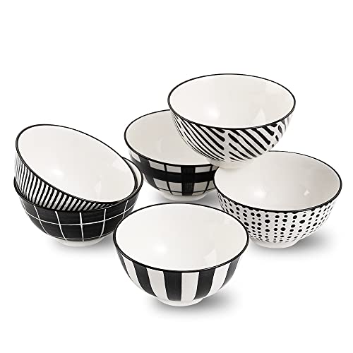 Porcelain Dessert Bowls Ice Cream Bowl - Ceramic Small Bowls 10 oz - Littlebowl for Rice | Soup | Snack | Side Dish - Japanese Black and White Bowl Set of 6 - Microwave and Dishwasher Safe - 4.75 Inch