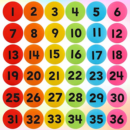 AIEX 36 Pack Carpet Spot Markers Nylon Carpet Markers Circles Marker Dots with Numbers 1 to 36 for Kindergarten Preschool Kids and Teachers (6 Colors)