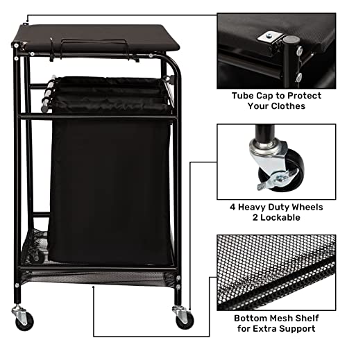 ALIMORDEN Laundry Sorter with Folding Ironing Board Iron Rack, Laundry Hamper Organizer with Sturdy 3 Clothes Bags and 4 Wheels for Laundry Room Black