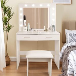 akvombi white vanity desk with lights, 31inch makeup vanity with mirror and 2 drawers, vanity table set with cushioned stool for bedroom (12 led lights)