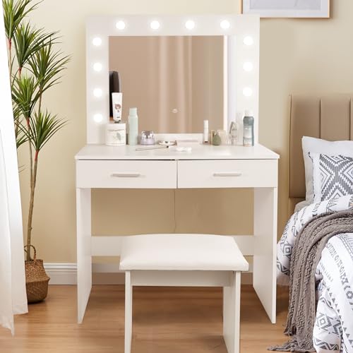 AKVOMBI White Vanity Desk with Lights, 31inch Makeup Vanity with Mirror and 2 Drawers, Vanity Table Set with Cushioned Stool for Bedroom (12 LED Lights)