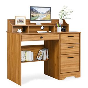 computer desk with 4 drawers and storage, small office desk with file drawers and hutch, farmhouse wood writing student table for home office, bedroom, rustic oak