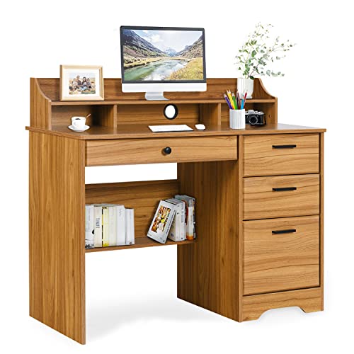 Computer Desk with 4 Drawers and Storage, Small Office Desk with File Drawers and Hutch, Farmhouse Wood Writing Student Table for Home Office, Bedroom, Rustic Oak