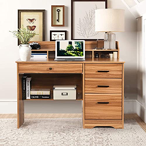 Computer Desk with 4 Drawers and Storage, Small Office Desk with File Drawers and Hutch, Farmhouse Wood Writing Student Table for Home Office, Bedroom, Rustic Oak