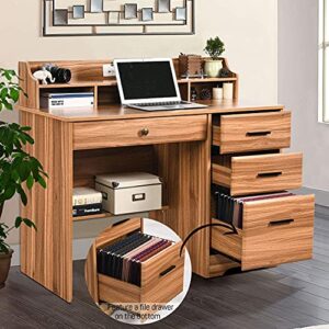 Computer Desk with 4 Drawers and Storage, Small Office Desk with File Drawers and Hutch, Farmhouse Wood Writing Student Table for Home Office, Bedroom, Rustic Oak