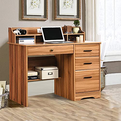 Computer Desk with 4 Drawers and Storage, Small Office Desk with File Drawers and Hutch, Farmhouse Wood Writing Student Table for Home Office, Bedroom, Rustic Oak