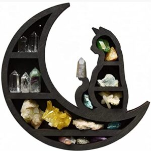 neegaurd cat on the moon crystal wood shelf, wooden crystal display shelf, moon shelf black cat design floating moon phases shelf gothic witchy room decoration (moon cat)