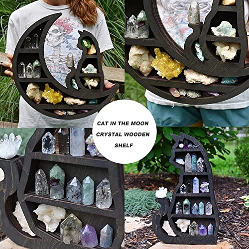 Neegaurd Cat on The Moon Crystal Wood Shelf, Wooden Crystal Display Shelf, Moon Shelf Black Cat Design Floating Moon Phases Shelf Gothic Witchy Room Decoration (Moon Cat)