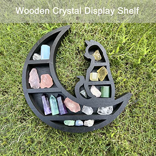 Neegaurd Cat on The Moon Crystal Wood Shelf, Wooden Crystal Display Shelf, Moon Shelf Black Cat Design Floating Moon Phases Shelf Gothic Witchy Room Decoration (Moon Cat)