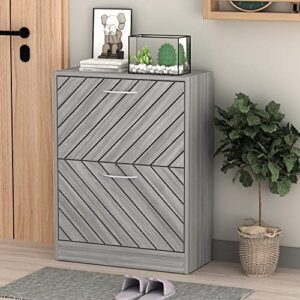 homsee modern shoe storage cabinet with 2 flip drawers & twill louver doors, wood 2-tier shoe rack storage organizer for entryway, hallway & bedroom, grey (22.4”l x 9.4”w x 29.5”h)
