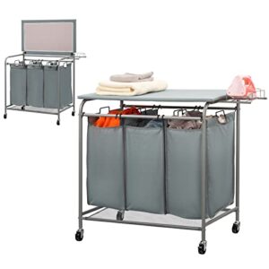 alimorden rolling laundry sorter cart with wheels and lid 240l heavy duty laundry hamper sorter basket 3 section room organizer with ironing board and iron rack blue grey