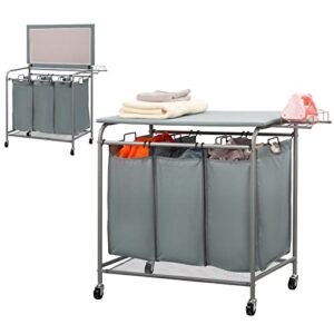 ALIMORDEN Rolling Laundry Sorter Cart with Wheels and Lid 240l Heavy Duty Laundry Hamper Sorter Basket 3 Section Room Organizer with Ironing Board and Iron Rack Blue Grey