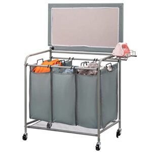 ALIMORDEN Rolling Laundry Sorter Cart with Wheels and Lid 240l Heavy Duty Laundry Hamper Sorter Basket 3 Section Room Organizer with Ironing Board and Iron Rack Blue Grey