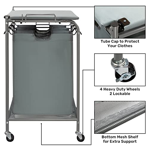 ALIMORDEN Rolling Laundry Sorter Cart with Wheels and Lid 240l Heavy Duty Laundry Hamper Sorter Basket 3 Section Room Organizer with Ironing Board and Iron Rack Blue Grey