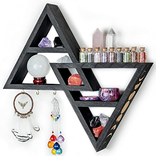 Crystal Shelf Display with Hooks - Black Moon Phase Triangle Shelf for witchy room decor - Moon shelf for Aesthetic shelves room decor, crystal organizer shelf for Living Room , Bed Room ,Bath Room