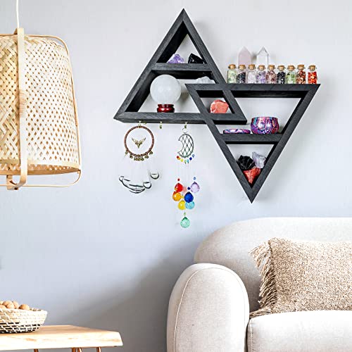 Crystal Shelf Display with Hooks - Black Moon Phase Triangle Shelf for witchy room decor - Moon shelf for Aesthetic shelves room decor, crystal organizer shelf for Living Room , Bed Room ,Bath Room