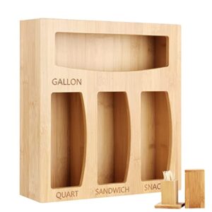 bamboo ziplock bag storage organizer for kitchen drawer large and sturdy ziplock bag organizer for gallon, quart, sandwich, snack, 8" quart bags, variety bags