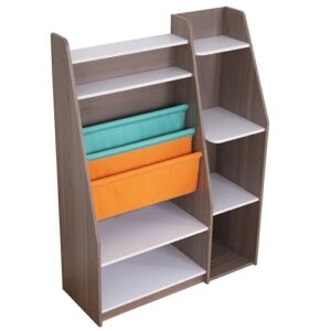 kidkraft pocket storage wood bookshelf with slings and shelves, children's furniture, gray ash