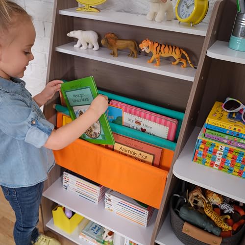 KidKraft Pocket Storage Wood Bookshelf with Slings and Shelves, Children's Furniture, Gray Ash