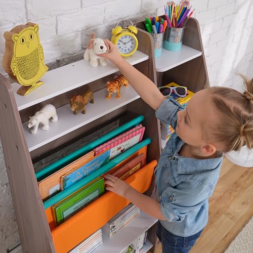 KidKraft Pocket Storage Wood Bookshelf with Slings and Shelves, Children's Furniture, Gray Ash