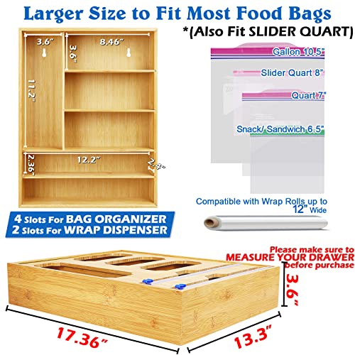 Ziplock Bag Storage Organizer and Wrap Dispenser with Cutter, Bamboo Baggie Organizer and Wrap Holder for Kitchen Drawer, Compatible with Ziploc, Gallon,Quart,Sandwich Bag & Aluminum Foil Plastic Wax