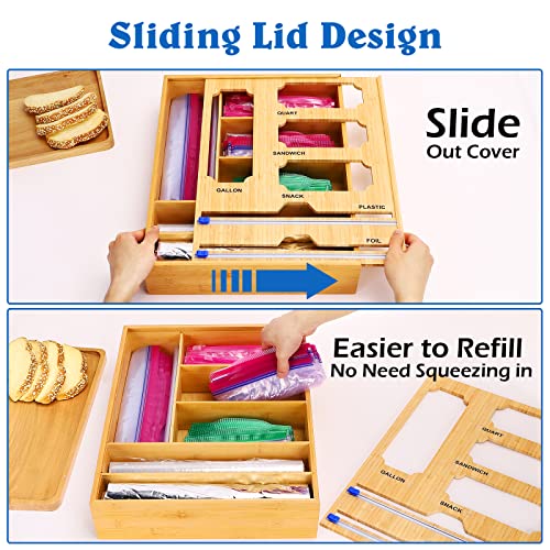 Ziplock Bag Storage Organizer and Wrap Dispenser with Cutter, Bamboo Baggie Organizer and Wrap Holder for Kitchen Drawer, Compatible with Ziploc, Gallon,Quart,Sandwich Bag & Aluminum Foil Plastic Wax