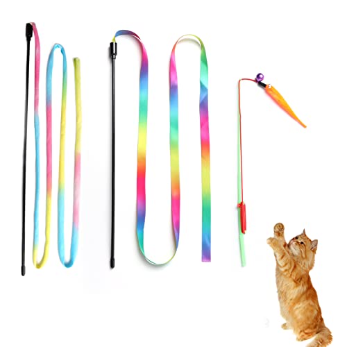 Yvnicll Interactive Cat Wand Toys, Interactive Cat Rainbow Wand Toys,Cat Wand Toy with Worms,Colorful Ribbon Charmer for Kitten (3 pcs)