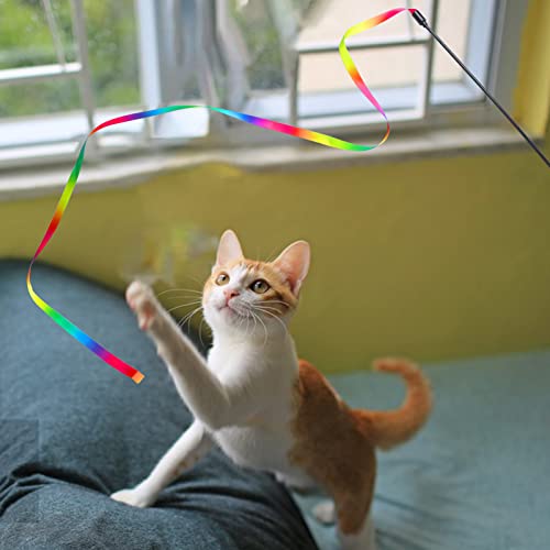 Yvnicll Interactive Cat Wand Toys, Interactive Cat Rainbow Wand Toys,Cat Wand Toy with Worms,Colorful Ribbon Charmer for Kitten (3 pcs)