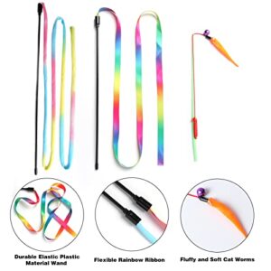 Yvnicll Interactive Cat Wand Toys, Interactive Cat Rainbow Wand Toys,Cat Wand Toy with Worms,Colorful Ribbon Charmer for Kitten (3 pcs)