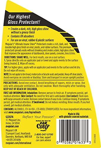 Meguiar's Ultimate Insane Shine Protectant Spray - Non-Greasy, Long-Lasting Shine for Vinyl, Rubber, and Plastic - Protects Against UV Rays and Fading - Easy to Use - 16 Oz