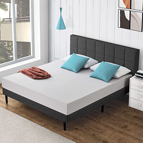 S SECRETLAND Queen Bed with Headboard, Platform Bed with Upholstered Headboard and Wood Slat Support, No Box Spring Needed, Non-Slip Without Noise, Under Bed Storage, Easy Assembly, Grey