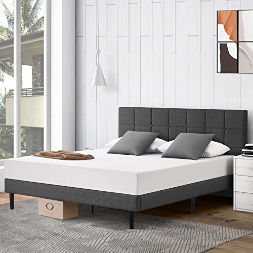 S SECRETLAND Queen Bed with Headboard, Platform Bed with Upholstered Headboard and Wood Slat Support, No Box Spring Needed, Non-Slip Without Noise, Under Bed Storage, Easy Assembly, Grey