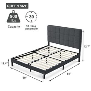 S SECRETLAND Queen Bed with Headboard, Platform Bed with Upholstered Headboard and Wood Slat Support, No Box Spring Needed, Non-Slip Without Noise, Under Bed Storage, Easy Assembly, Grey