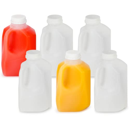 CUNTAIN Juice Bottles – Set of 6 HDPE Plastic Juice Bottles with Caps – 32 oz Empty Containers for Beverages, Milk, Water, Juice – Leakproof Plastic Containers with Lids, Bottles for Juice