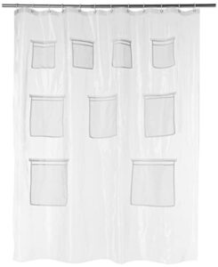 amazon basics 8-gauge peva shower curtain or liner with mesh storage pockets - 72" x 72", clear
