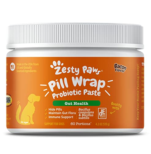 Zesty Paws Pill Wrap Probiotic Paste for Dogs - Immune & Digestive System Support - Bacon Flavor - with DE111 Bacillus subtilis - Pockets Any Pill, Tablet & Capsule for Your Dog - 60 Portions…