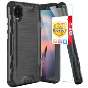 tjs compatible with alcatel tcl a3 a509dl case/tcl a30 case, with tempered glass screen protector, magnetic support hybrid shockproof metallic brush finish protector phone case cover (black)