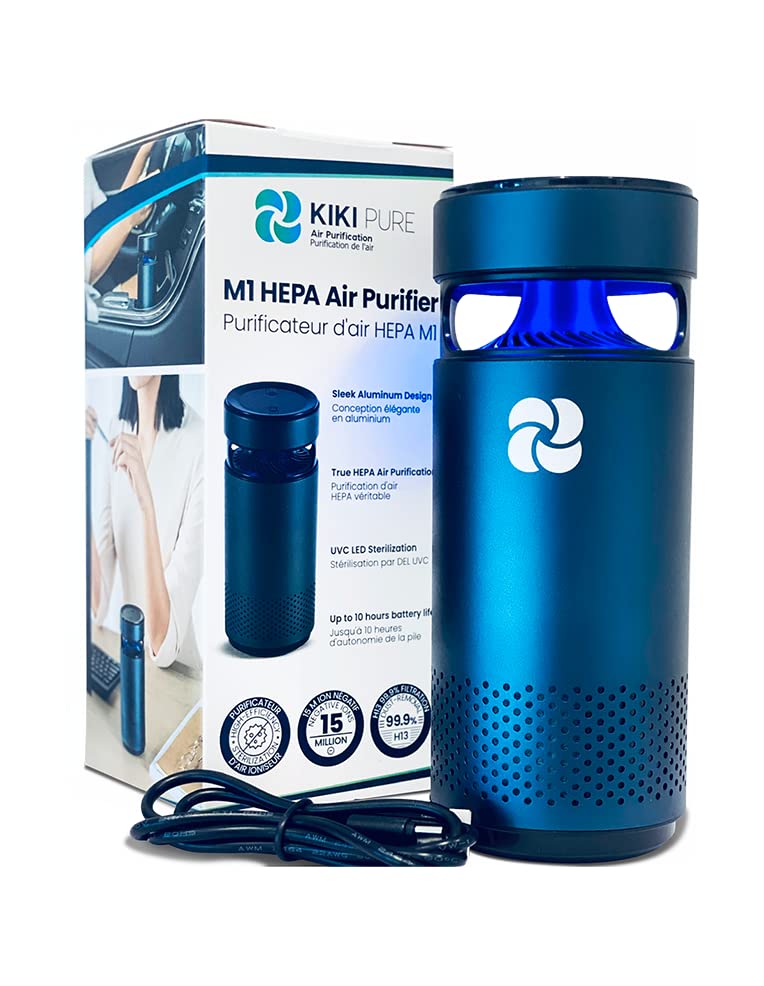 KIKI PURE M1 UV & 3 Stage H13 HEPA Air Purifier. Sleek Aluminum Design, Ultra Quiet & Portable, 6.7in tall, 10 oz. Ideal for Travel, In-Car, or the Office.